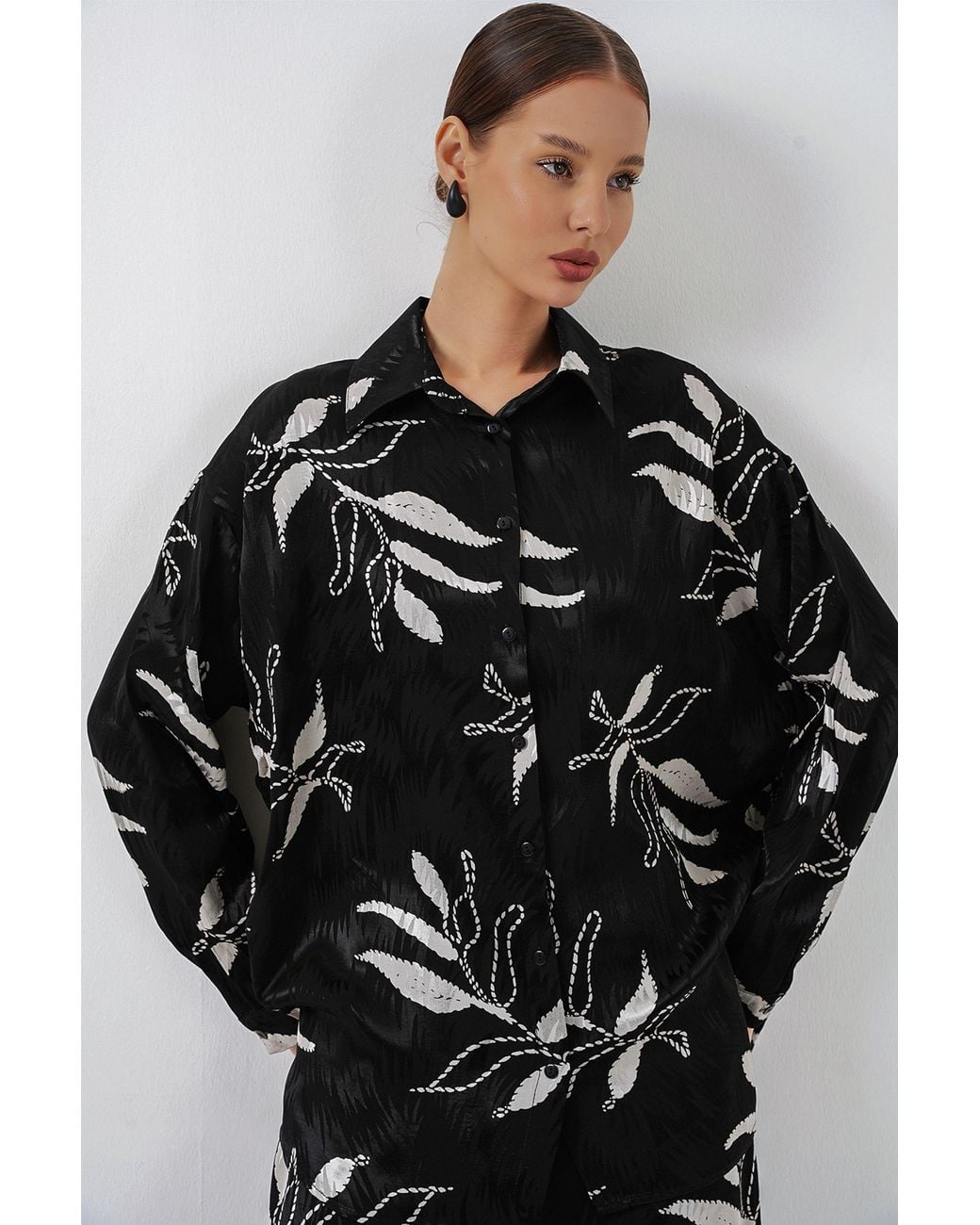 Bigdart Black Floral Shirt & High Waist Wide Leg Pants Two-Pieces Co-Ord