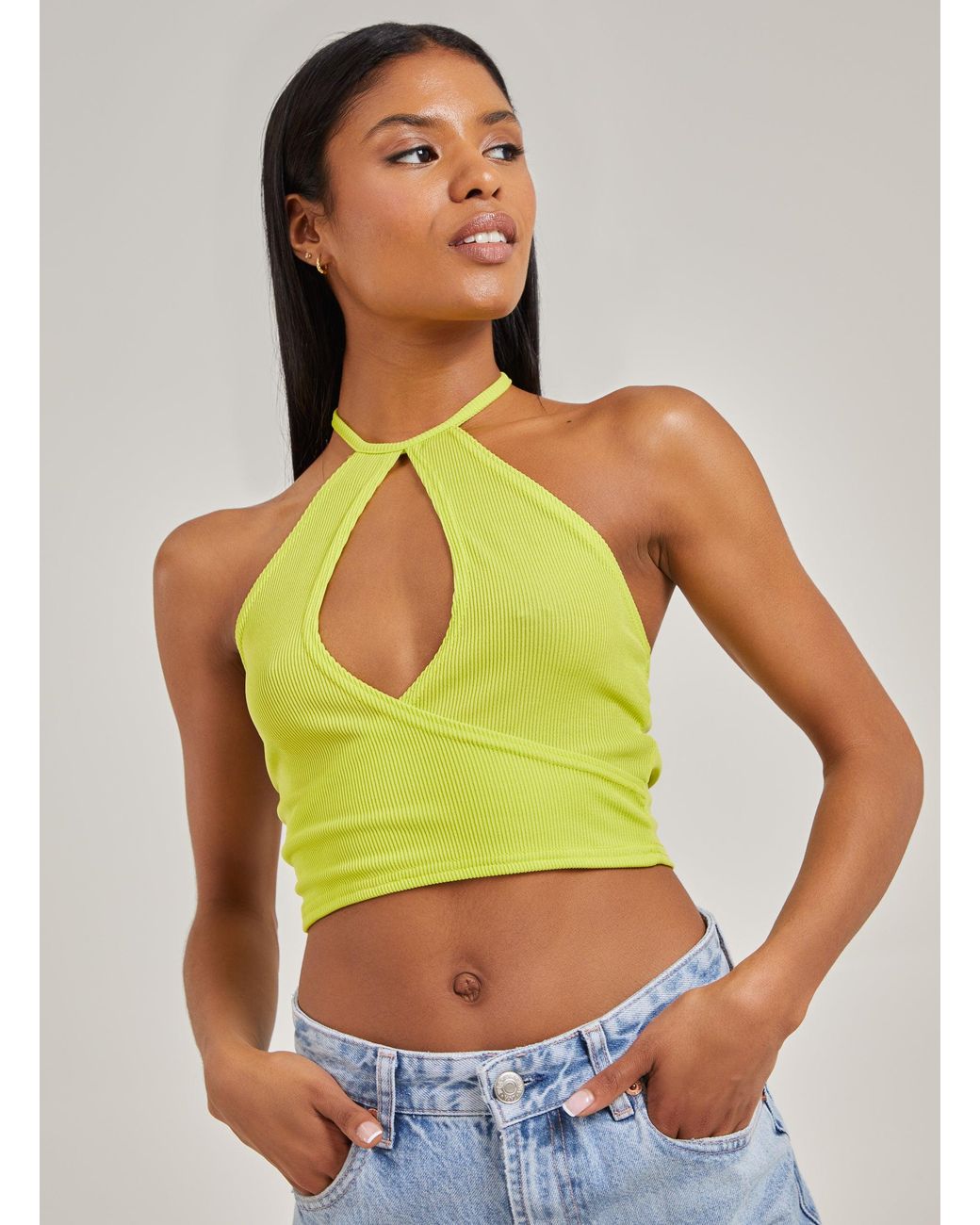 Pink Vanilla Green Ribbed Halterneck Crop Top