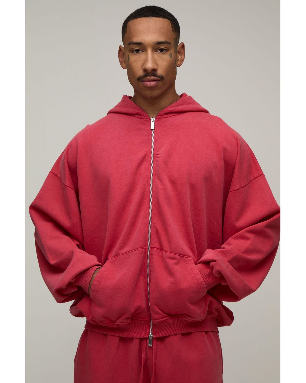 BoohooMAN Red Oversized Boxy Drop Shoulder Loopback Wash Zip Through Hoodie for men