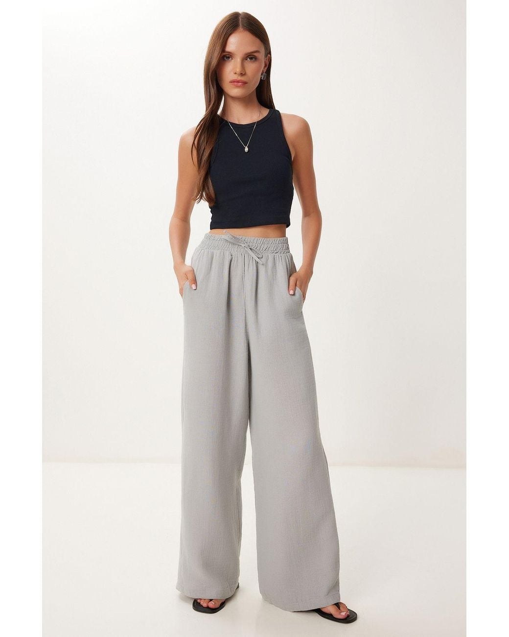 Happiness İstanbul White Wide Leg Drawstring Waist Pants With Binding Detail