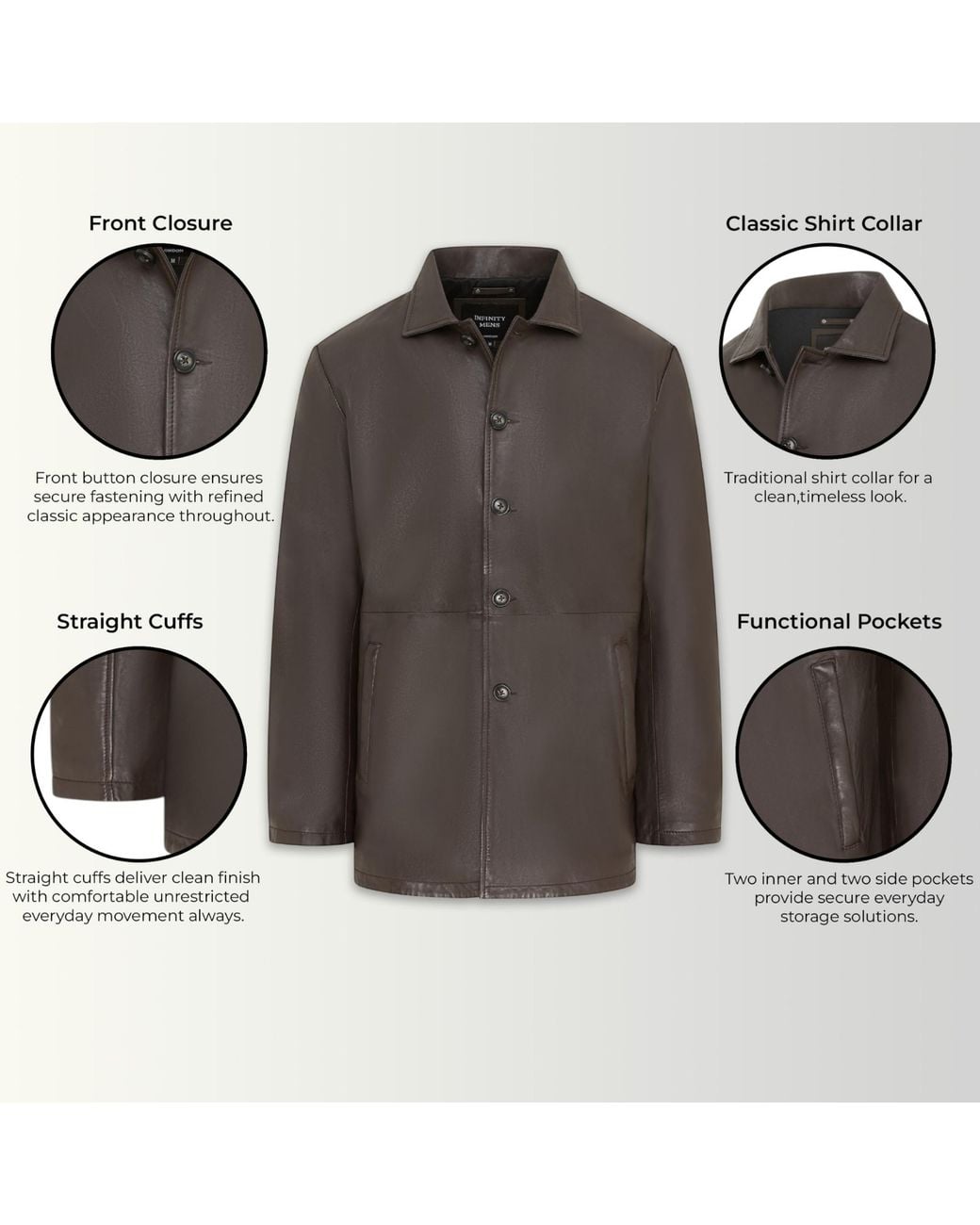 Infinity Leather Brown Long Collared Car Coat Jacket for men
