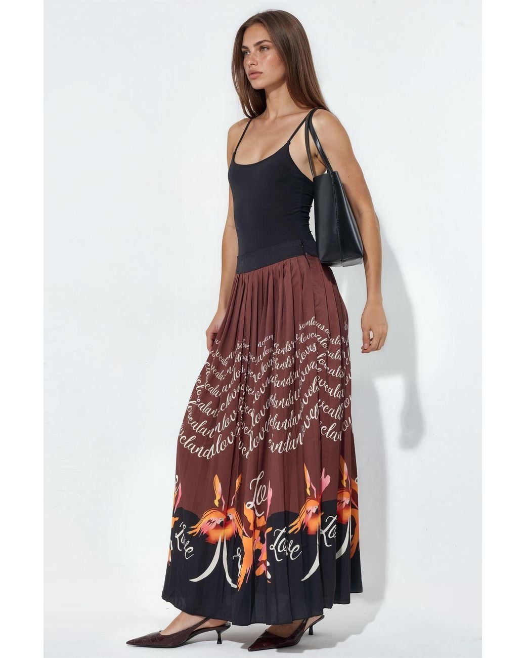Msn-Collection Red High-Waist Printed Midi Pleated Skirt