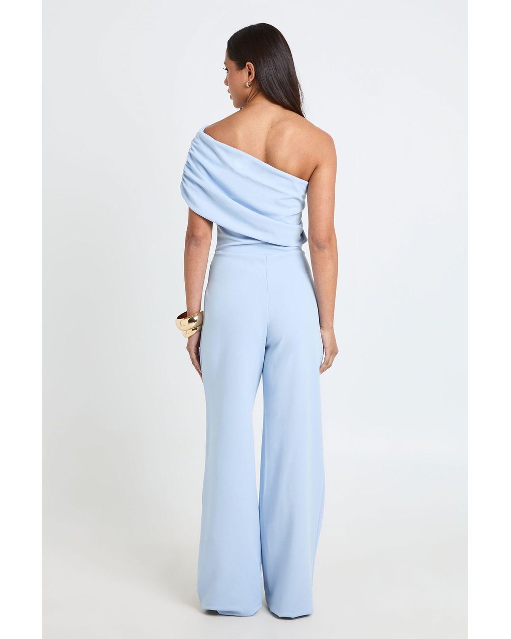 Boohoo Blue Jersey Crepe Bardot Wide Leg Jumpsuit