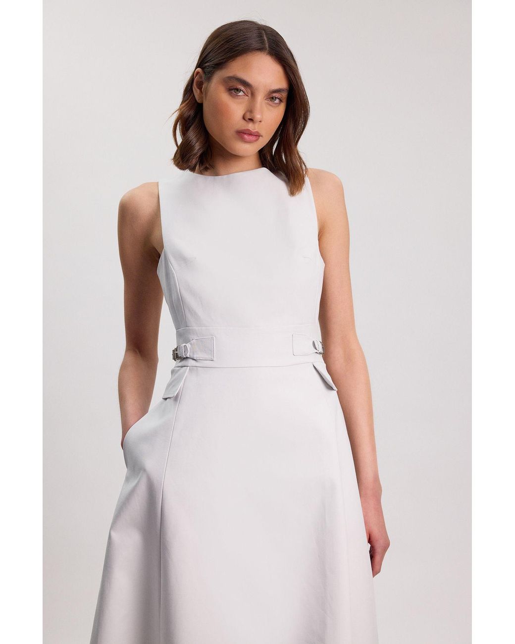Karen Millen Gray Premium Cotton Tailored Fabric Belted Buckle Midi Dress