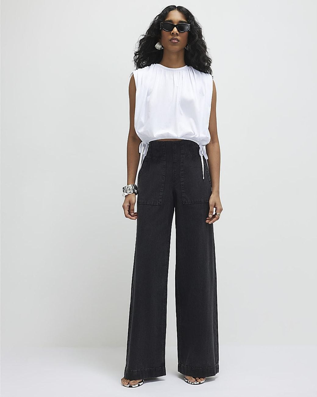 River Island Black Wide Leg Jeans Pull On Elasticated Cotton