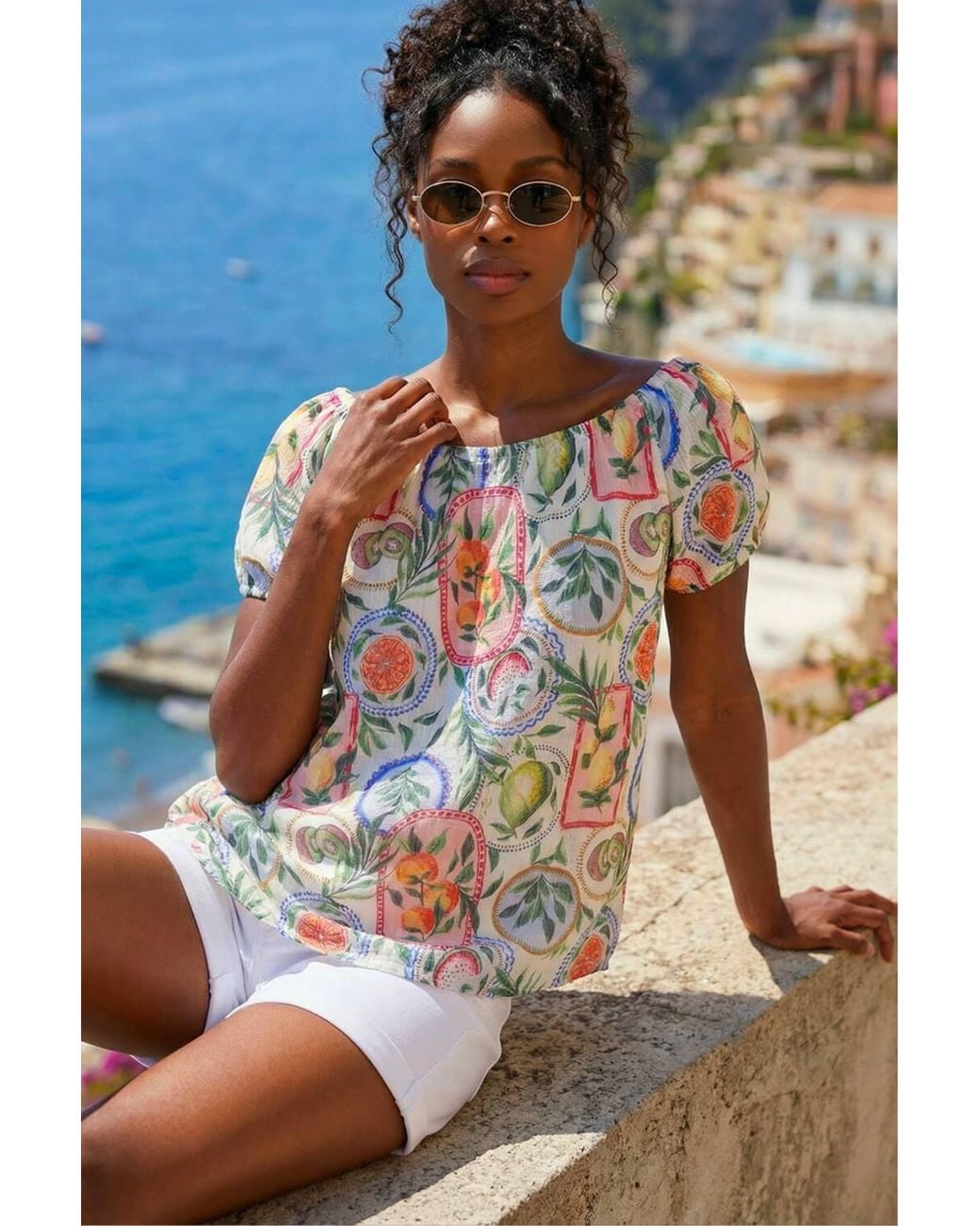 Roman Blue Postcard Print Bardot Top