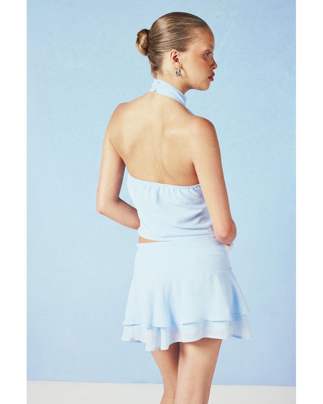 Boohoo Blue Gathered High Neck Chiffon Top