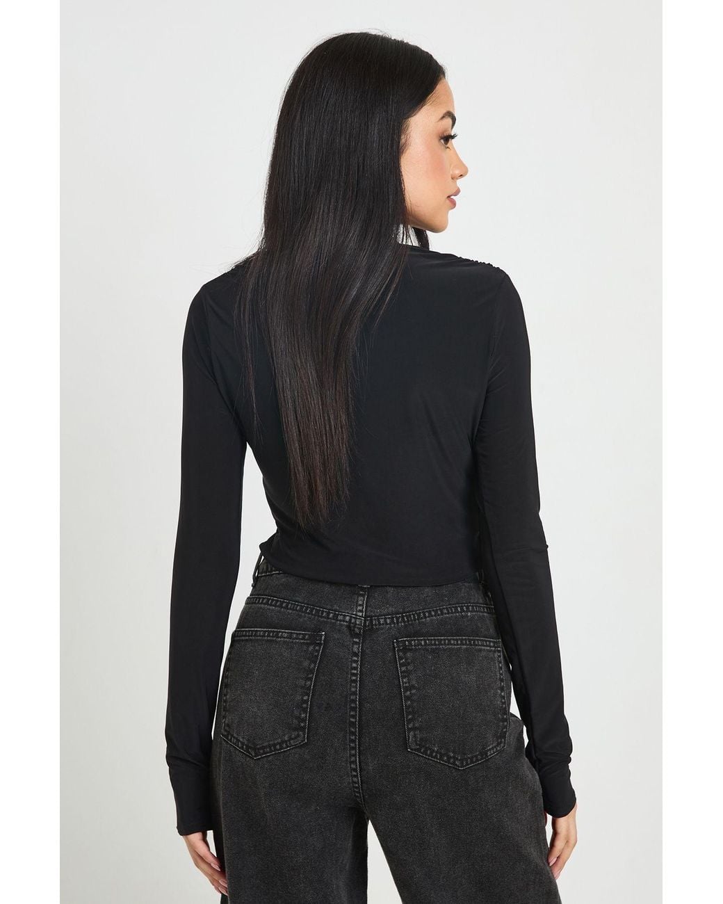 Boohoo Black Deep Plunge Long Sleeve Top