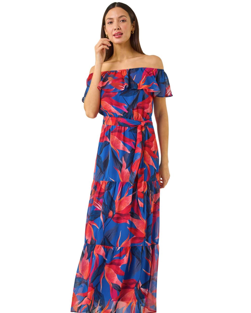 Roman Blue Floral Print Bardot Belted Maxi Dress
