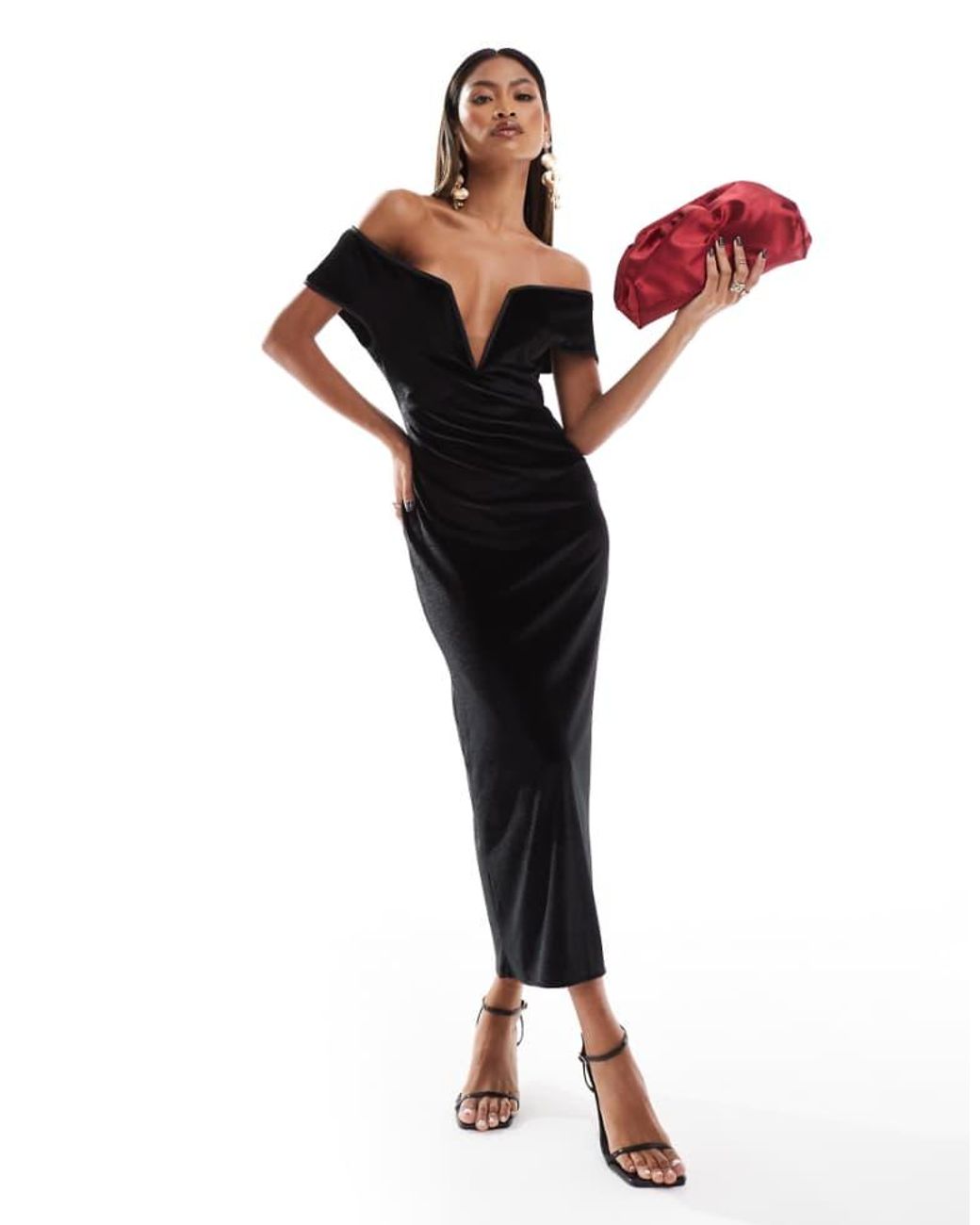 ASOS Black Velvet Deep V Front Bardot Maxi Dress