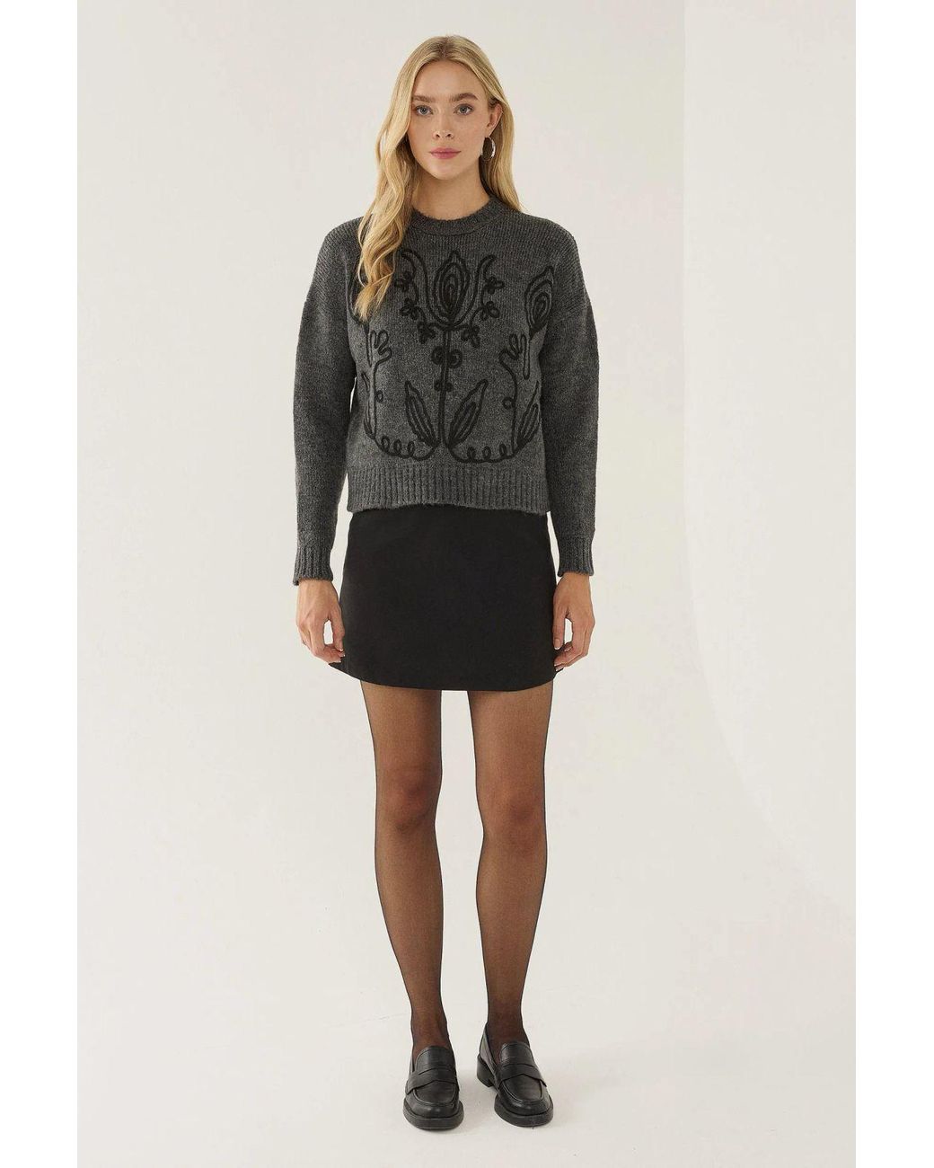 Hiccup Black Floral Pattern Crew Neck Sweater