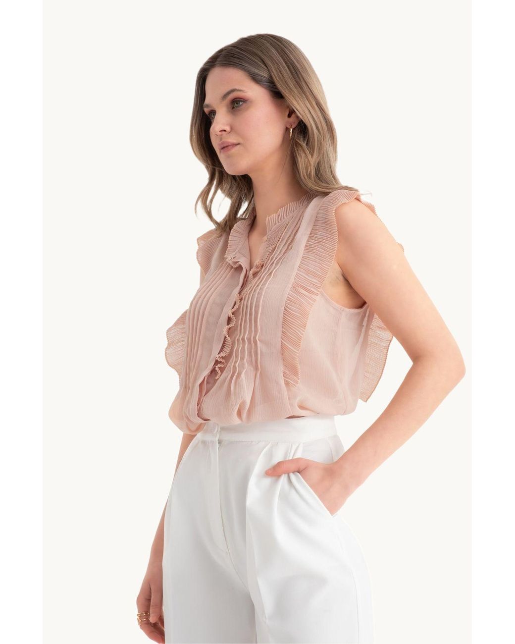 Hiccup Pink Round Neck Ruffle Textured Sleeveless Vintage Blouse With A Button Detail