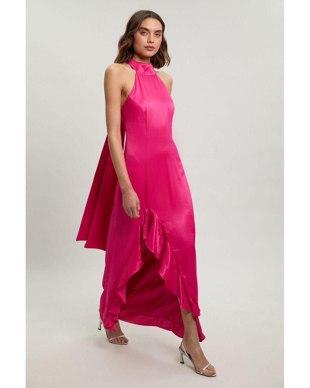 Karen Millen Red Ruffle Detail Satin Viscose Halterneck Maxi Dress