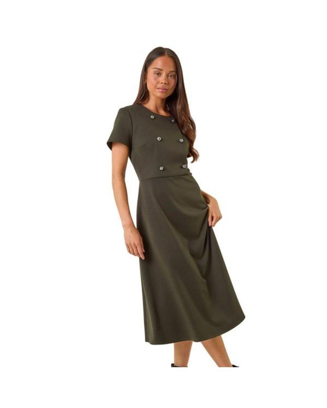 Roman Green Petite Button Stretch Midi Dress