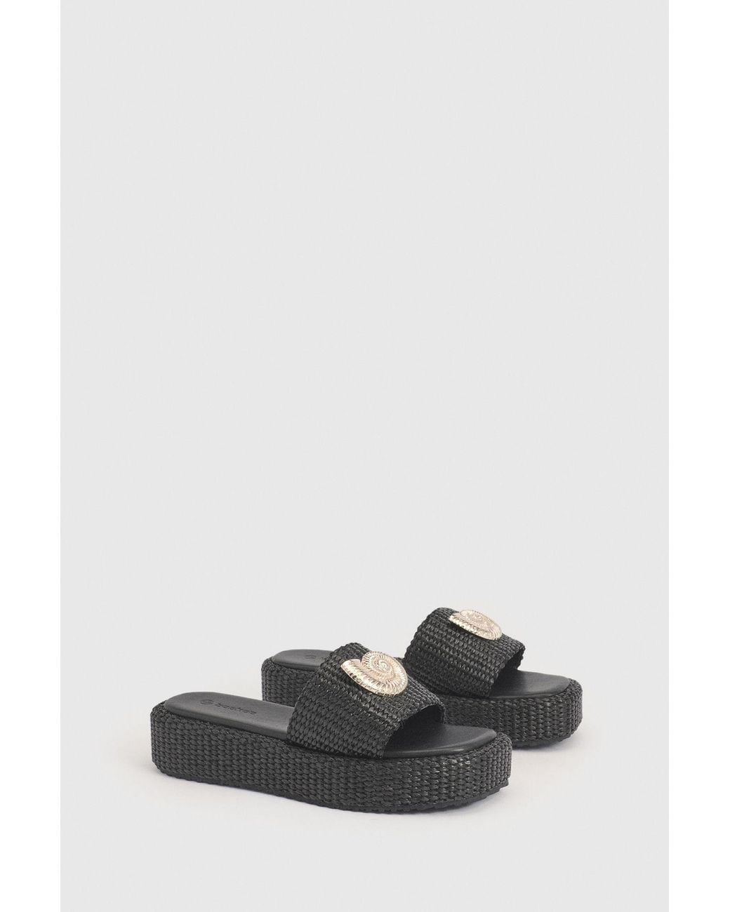 Boohoo Black Shell Trim Detail Raffia Flatform Sandals