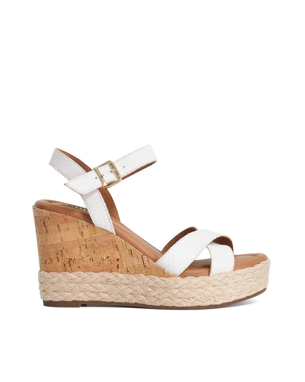 Dune Metallic Kindest Cork And Woven Wedge Sandals