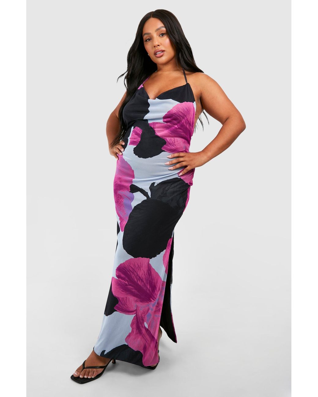 Boohoo Red Plus Halterneck Low Back Printed Maxi Dress