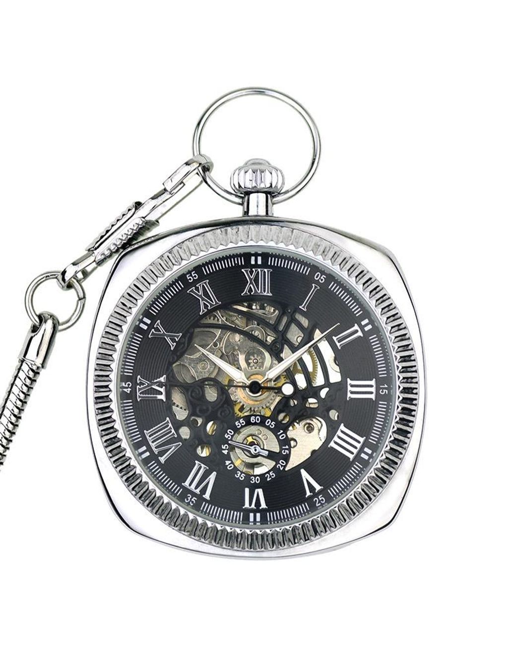 Infinity Leather Metallic Mechanical Vintage Skeleton Square Open-Face Pocket Watch
