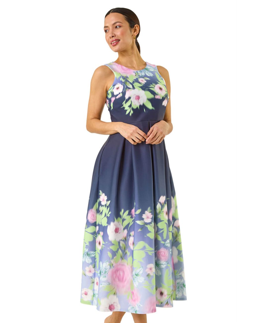 Roman Blue Floral Print Border Scuba Midi Dress