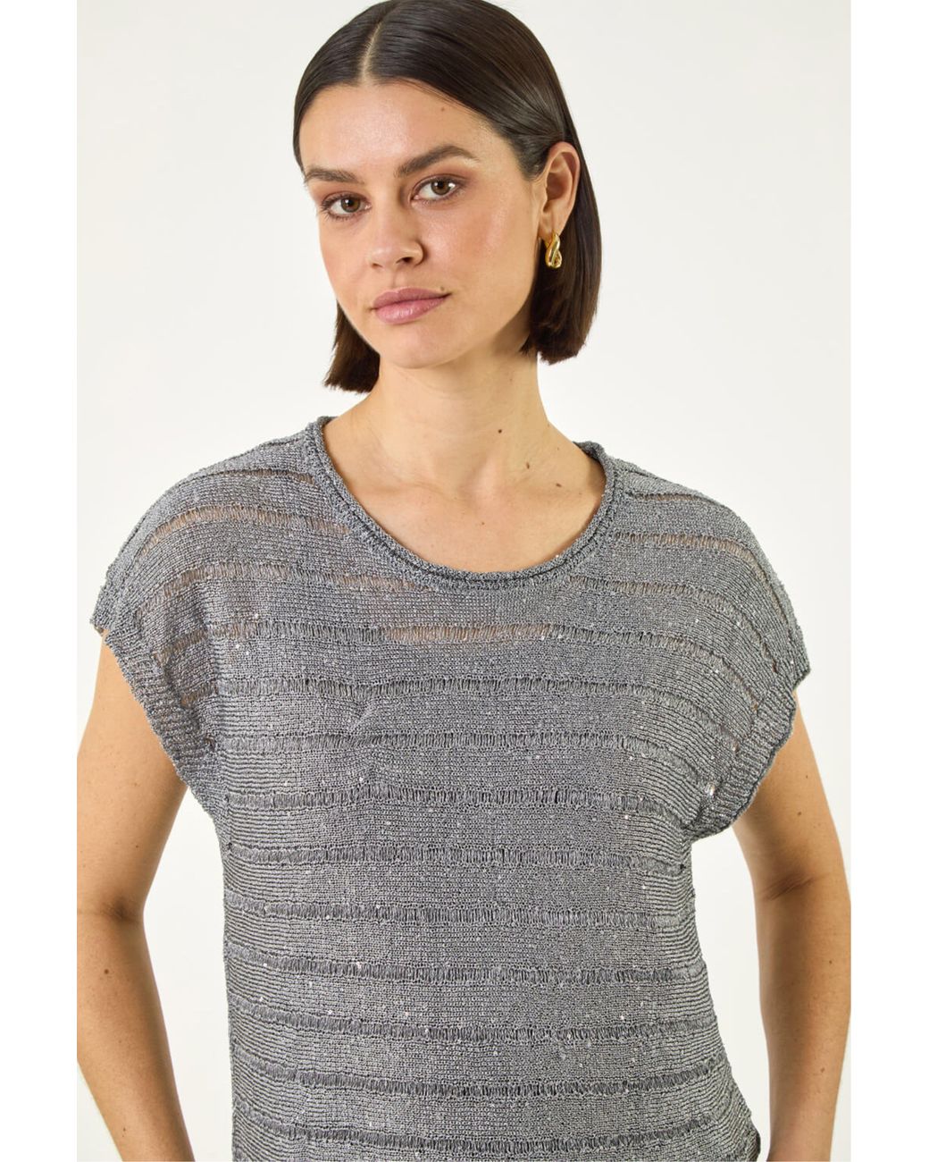 Roman Gray Sequin Stripe Knitted Top