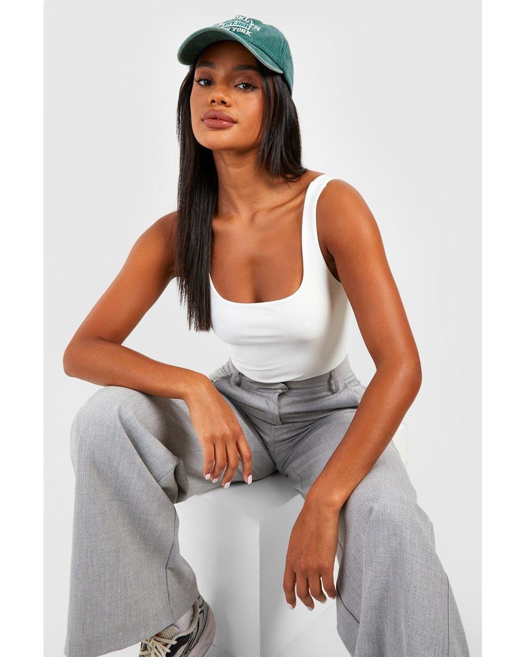 Boohoo White Square Neck Slinky Double Layer Bodysuit