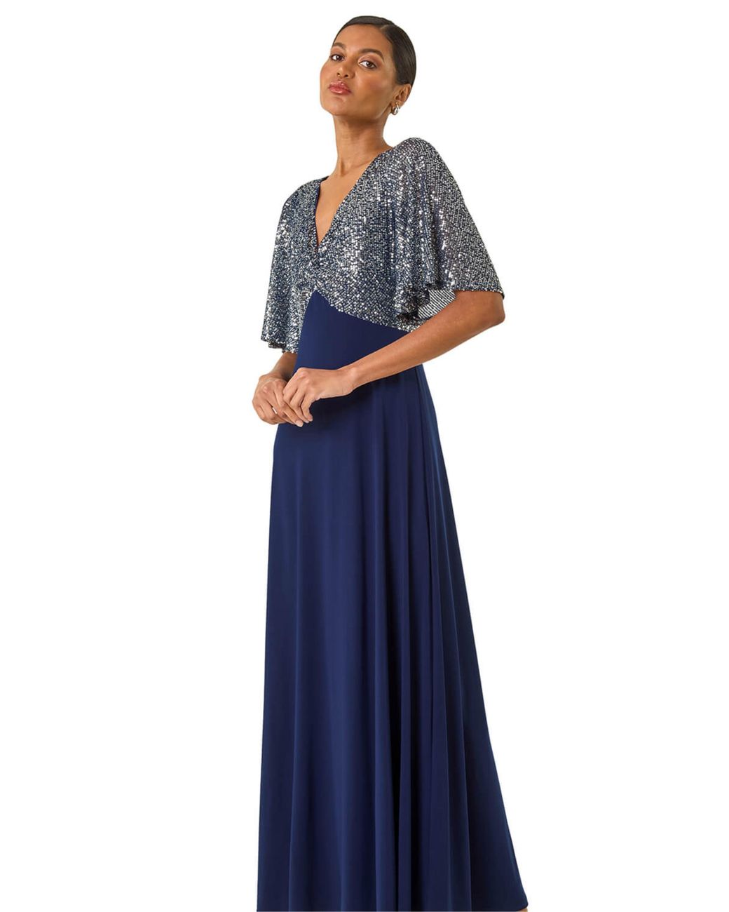 Roman Blue Sequin Flutter Sleeve Midi Dress