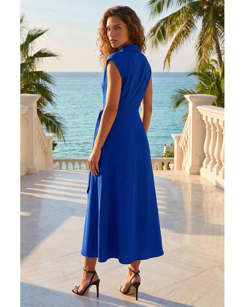 Roman Blue Fit And Flare Tie Dress