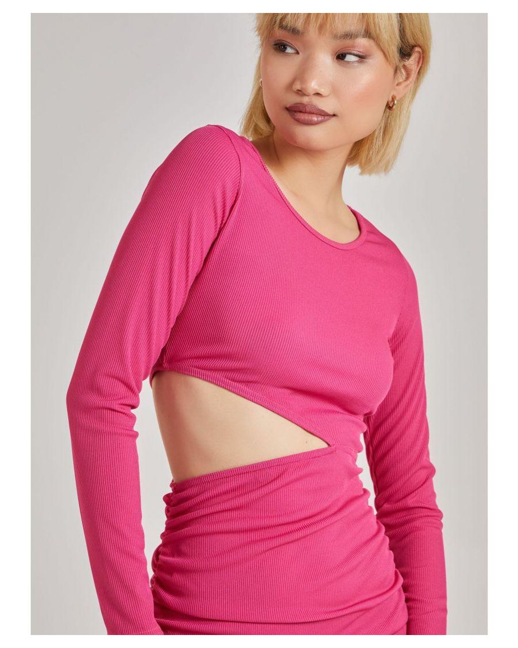 Pink Vanilla Pink Side Cut Out Ruched Ribbed Dress Cotton