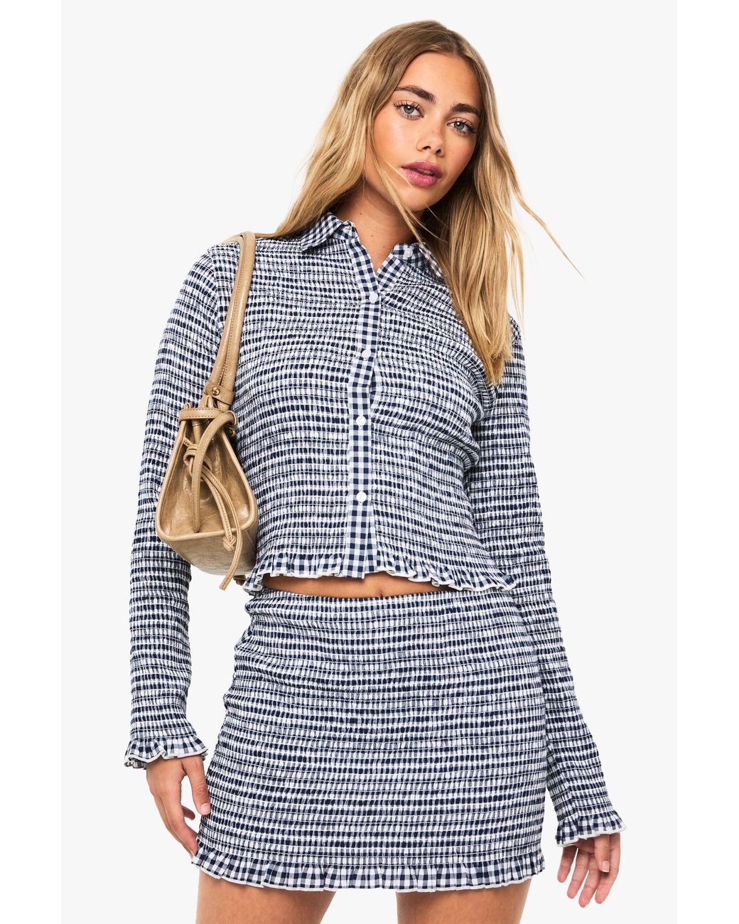 Boohoo Blue Smocked Gingham Mini Skirt