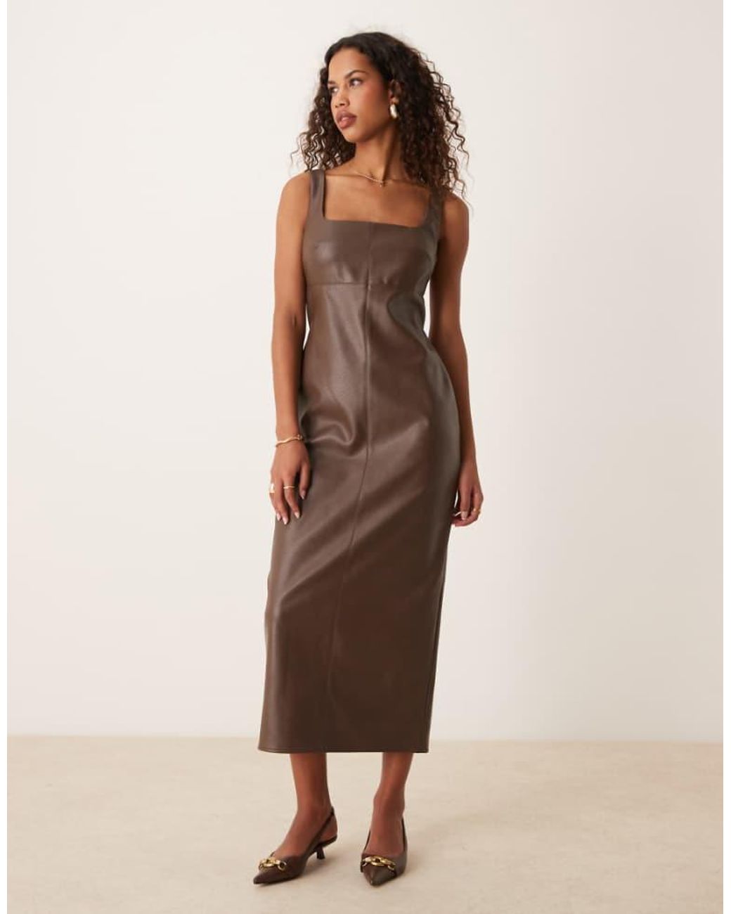 ASOS Natural Leather Look Square Scoop Neck Midi Dress With Seaming Detail