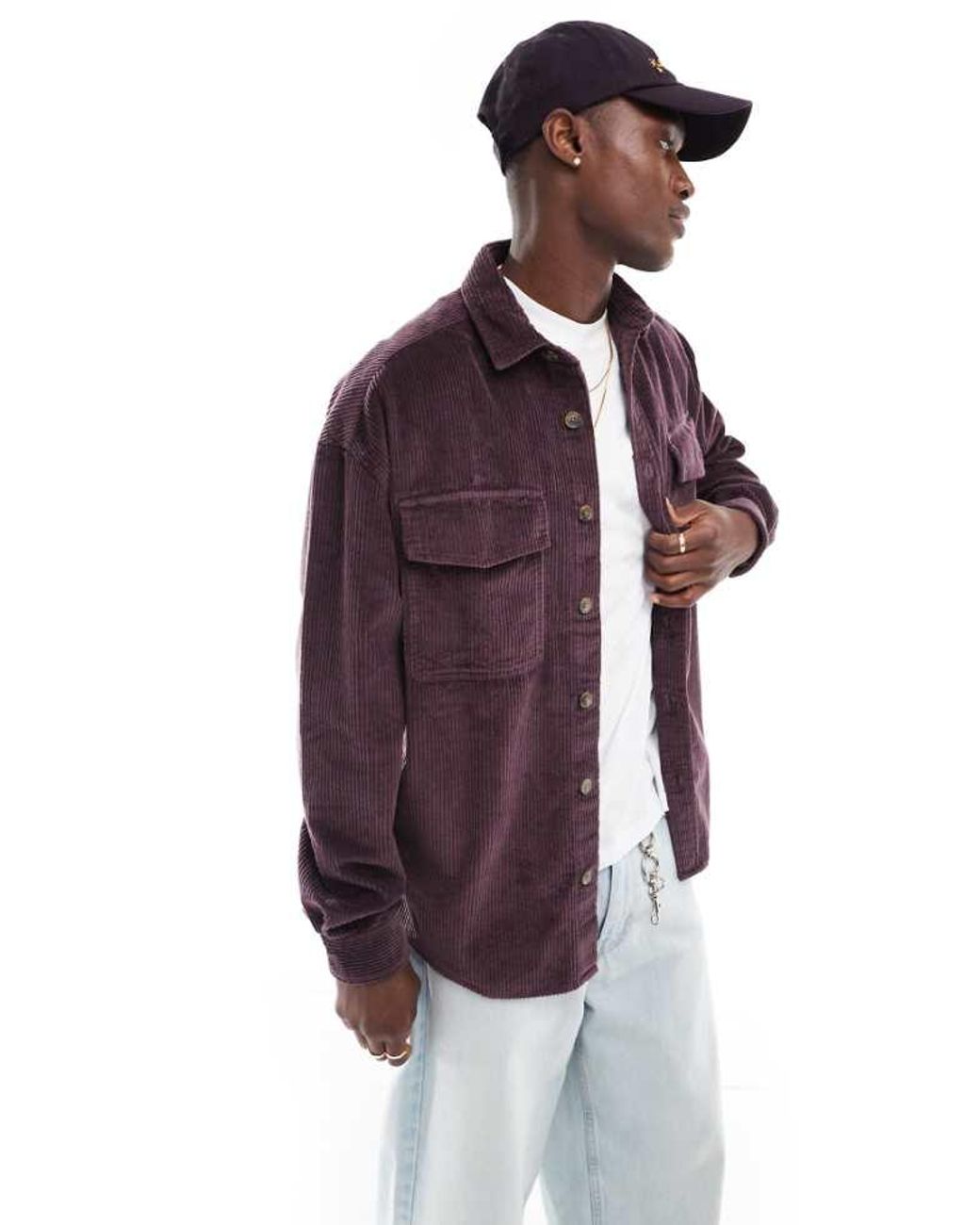 ASOS Purple 90S Oversized Cord Shirt With Patch Pocket for men