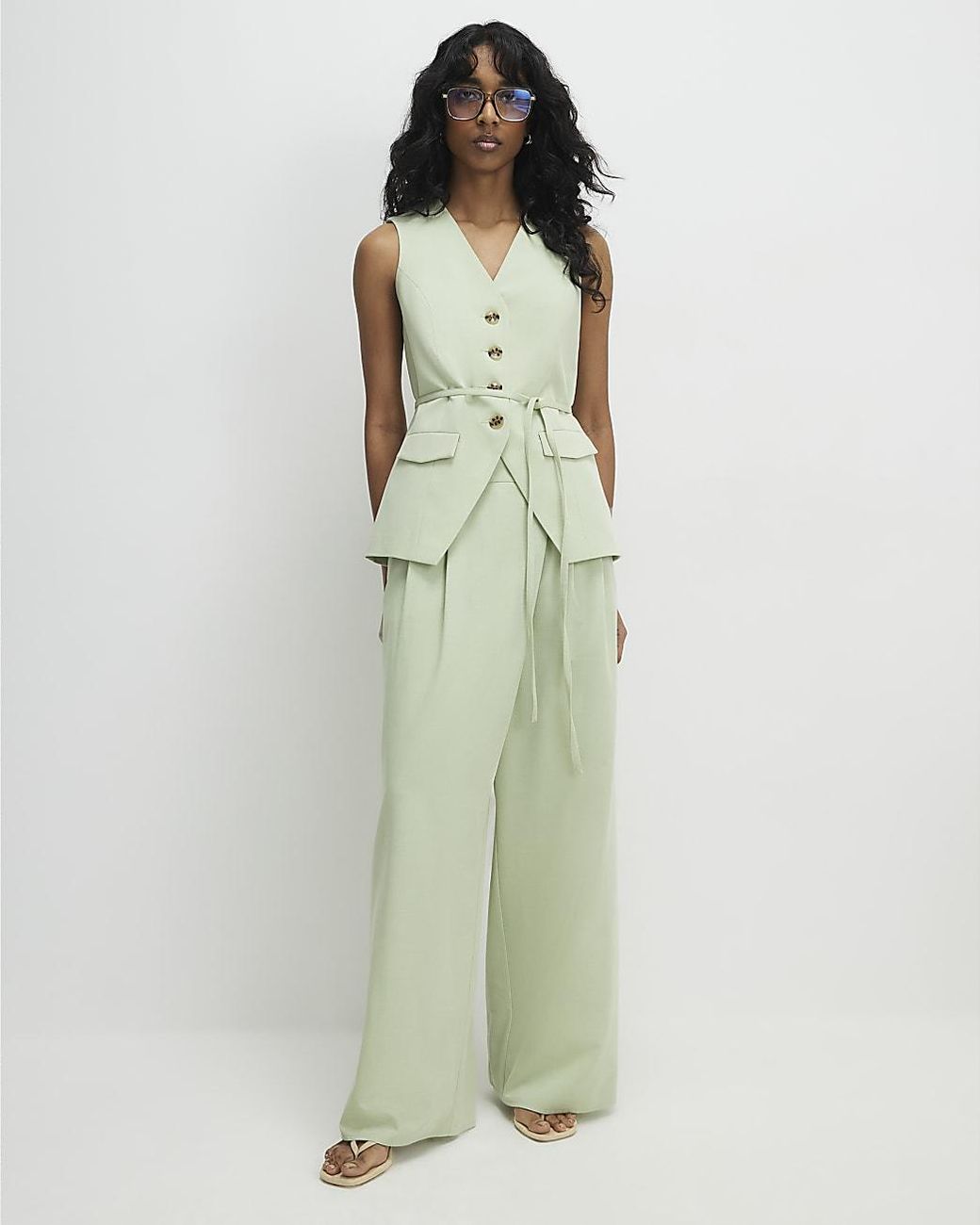 River Island Green Wide Leg Trousers Wrap Detail