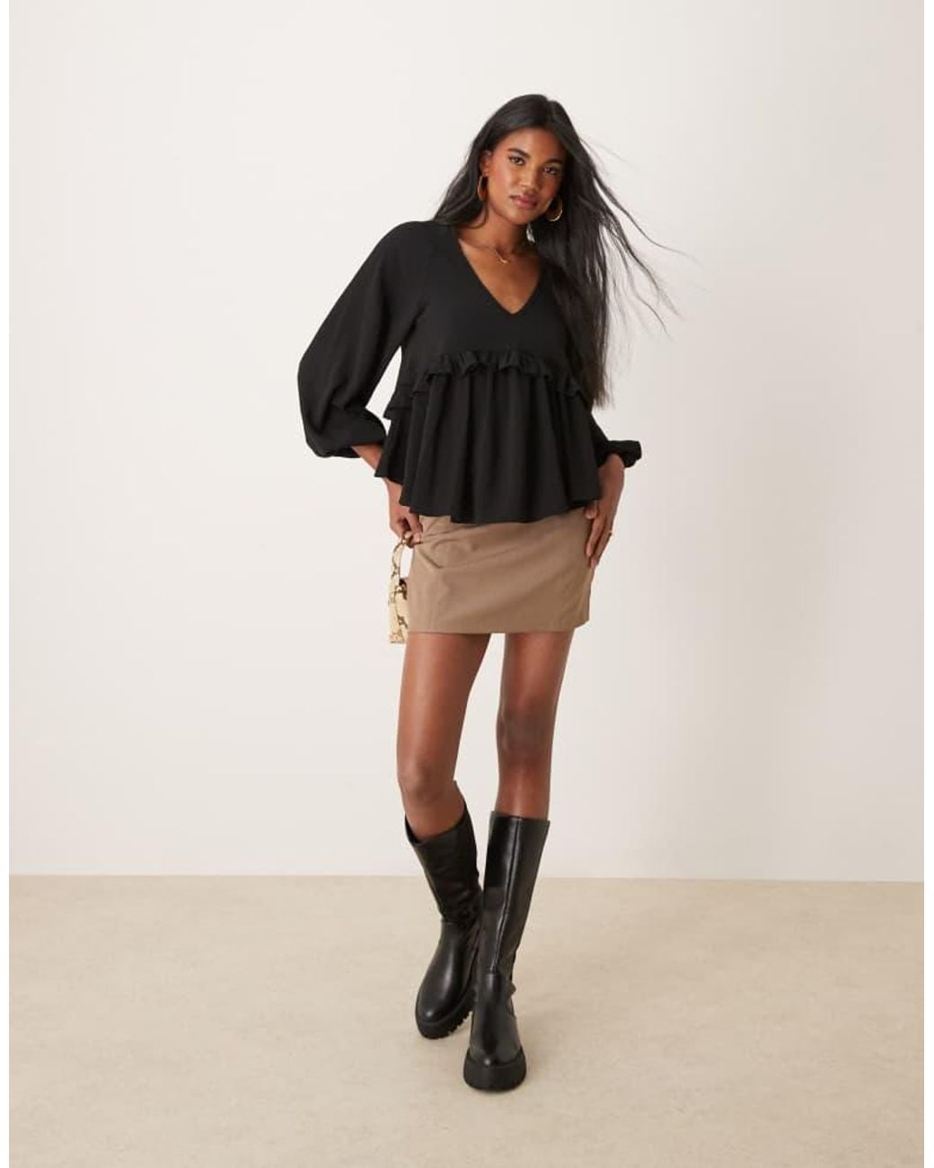 ASOS Black V Neck Smock Top With Ruffle