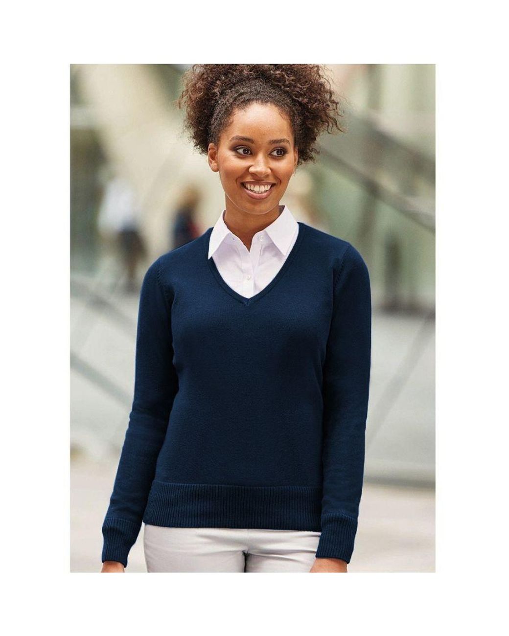Russell Blue Collection Ladies/ V-Neck Knitted Pullover Sweatshirt (French)
