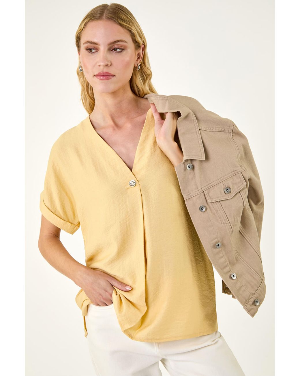 Roman Natural Pleat Front V-Neck Top