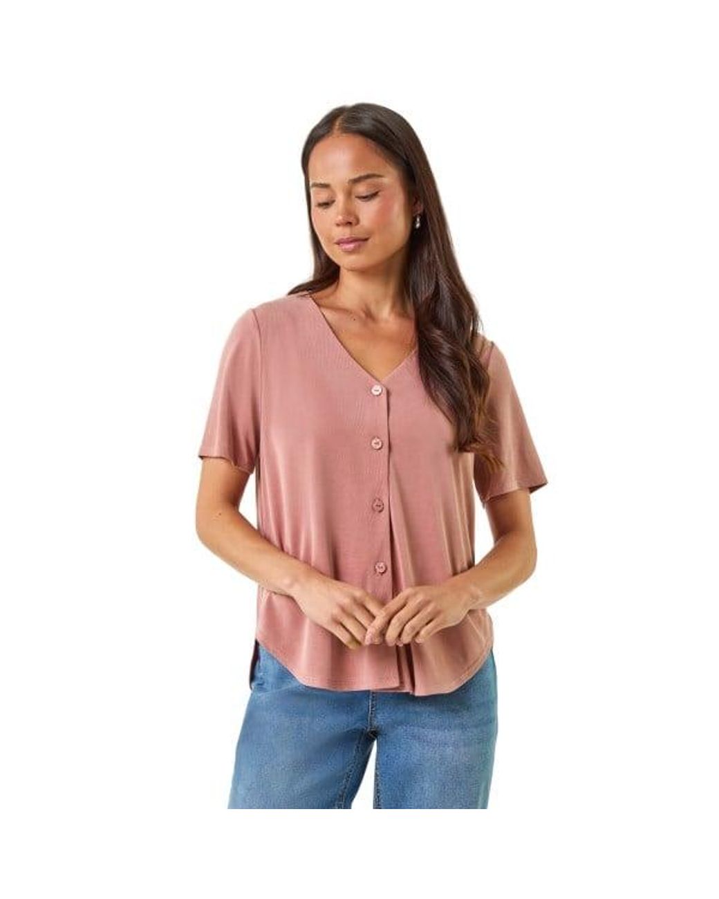 Roman Orange Petite V-Neck Buttoned Blouse