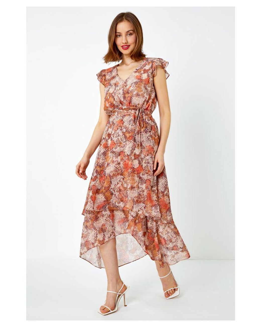 Roman Pink Snake Print Tiered Midi Dress