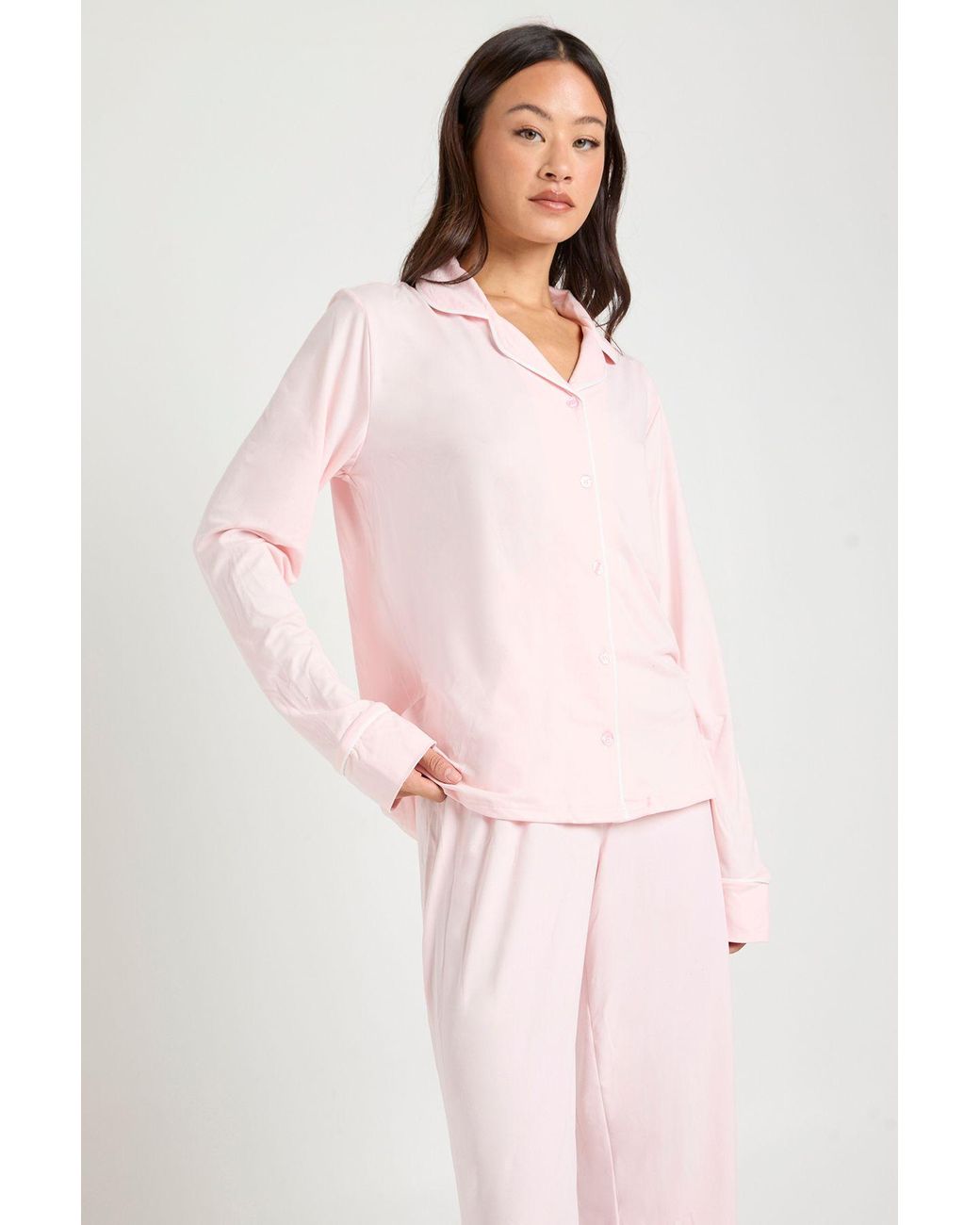 Boohoo Pink Tall Jersey Piping Detail Long Sleeve Shirt & Trouser Pyjama Set