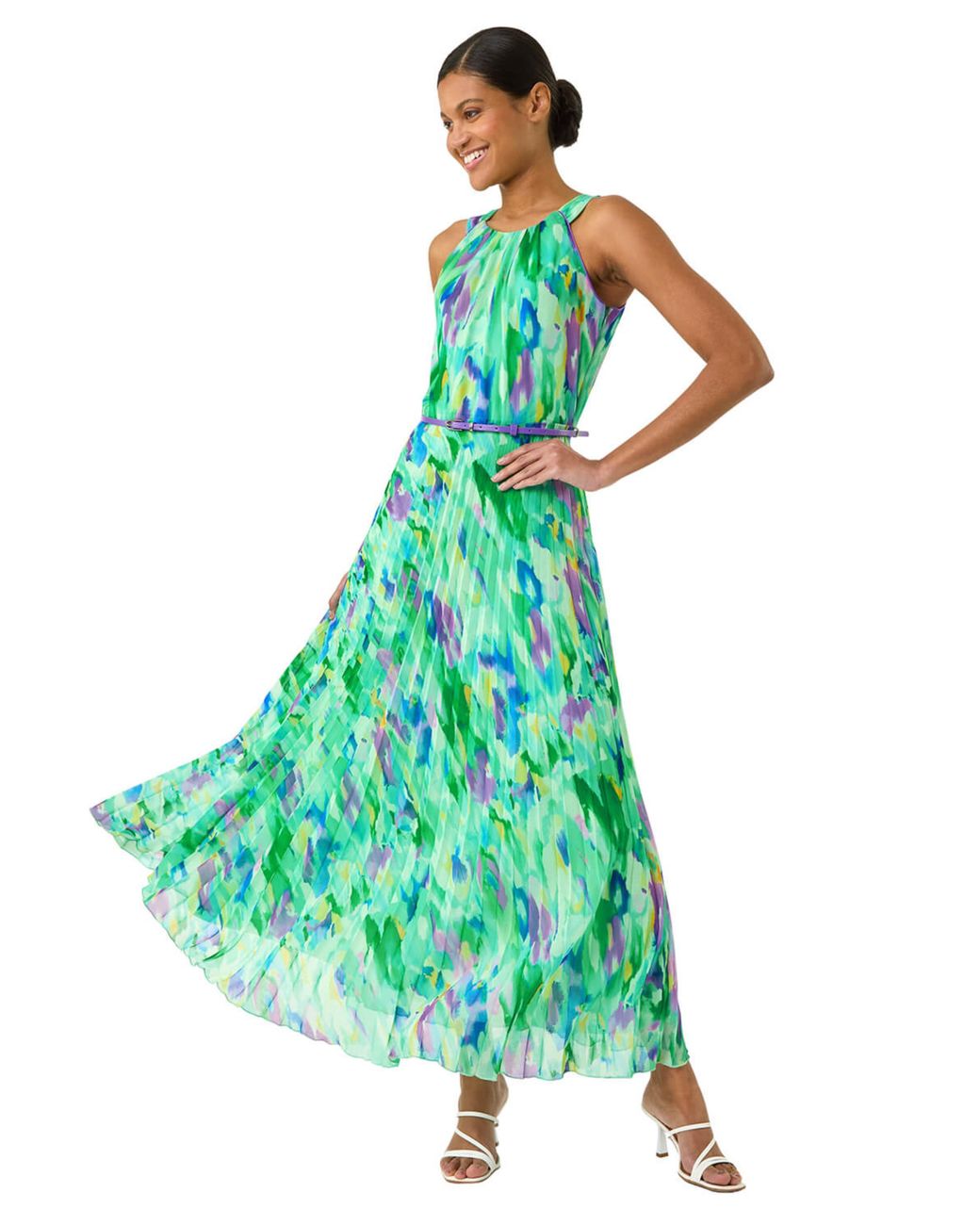 Roman Green Blurred Print Pleated Maxi Dress