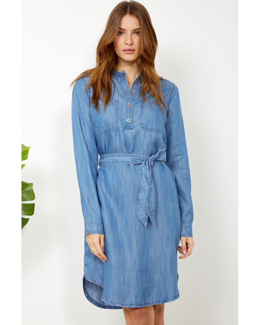 Sosandar Blue Chambray Denim Belted Dress