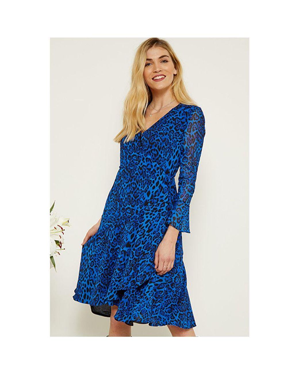 Sosandar Blue Leopard Print Wrap Dress