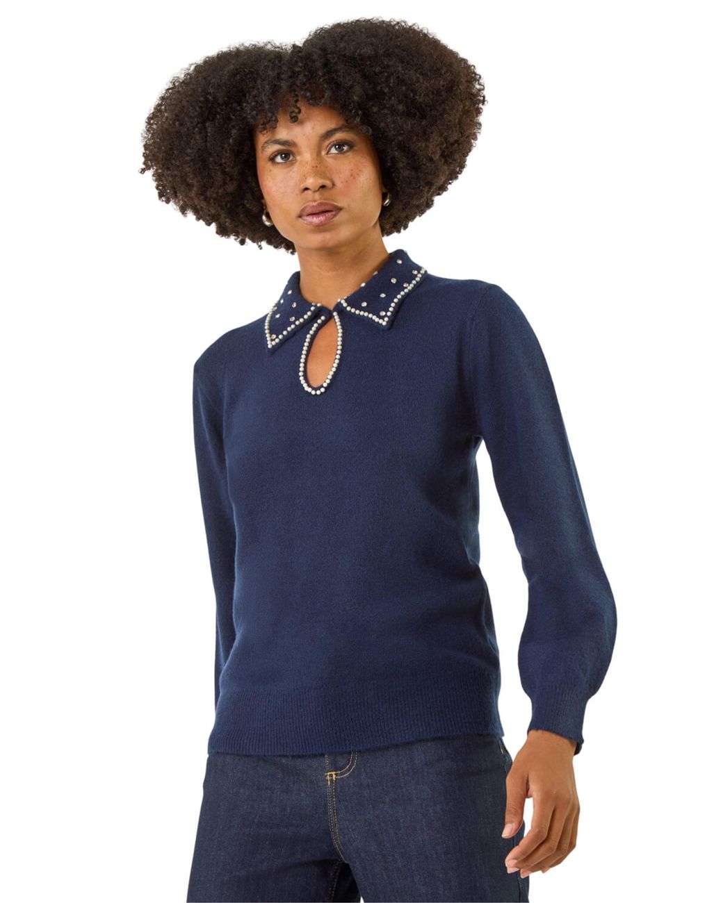 Roman Blue Faux Pearl Collared Keyhole Knit Jumper