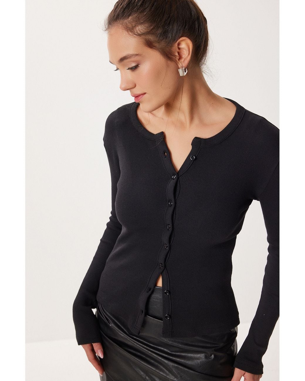 Happiness İstanbul Black Slim Fit Ribbed Knit Cardigan