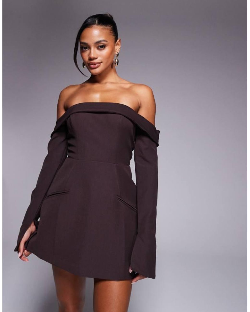 Oh Polly Purple Seraphina Bardot Structured Mini Dress With Pockets