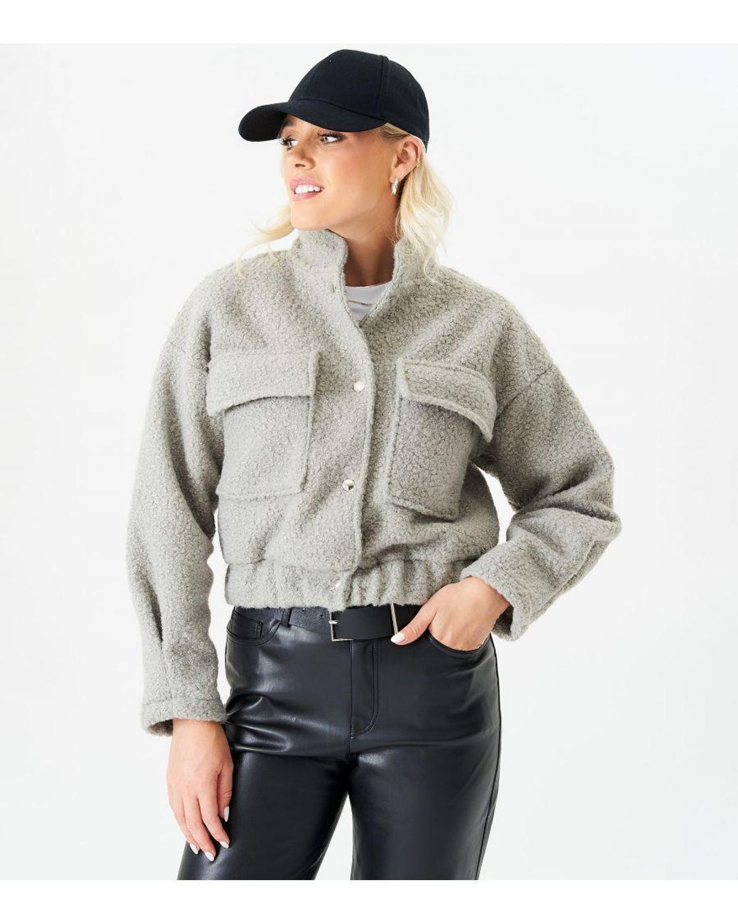 Gini London White Boucle Wool Elasticated Waist Cropped Jacket