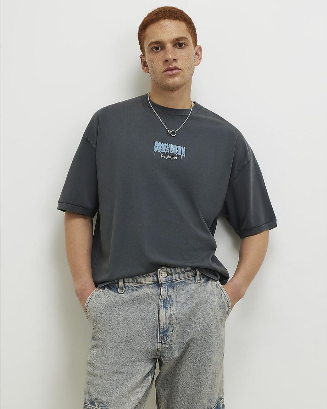 River Island Gray T-Shirt Oversized Fit Washed Downtown for men