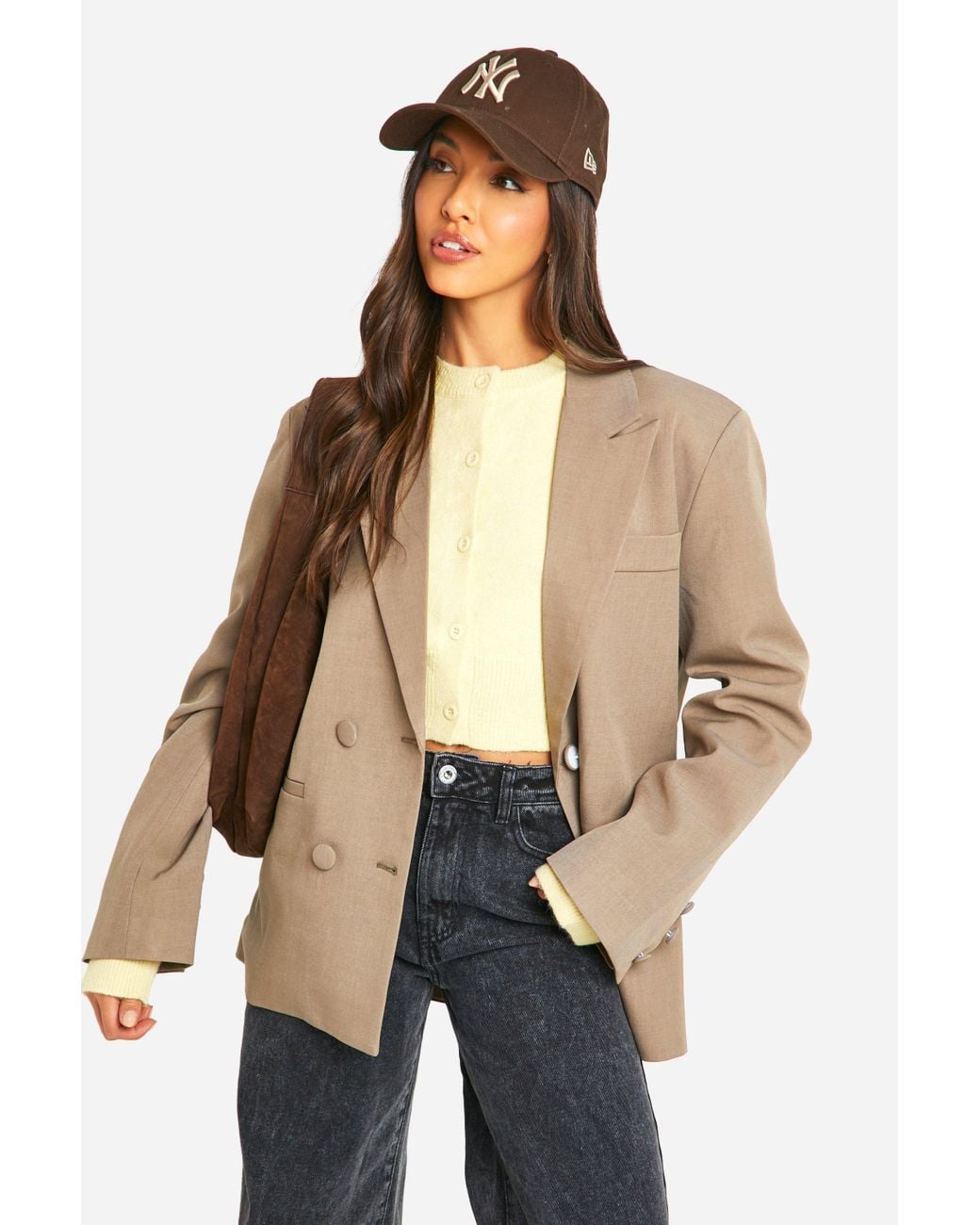 Boohoo Natural Double Breasted Relaxed Fit Tailored Blazer