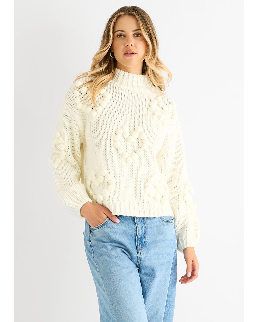 Gini London White Heart Bubble Chunky Knit High Neck Jumper