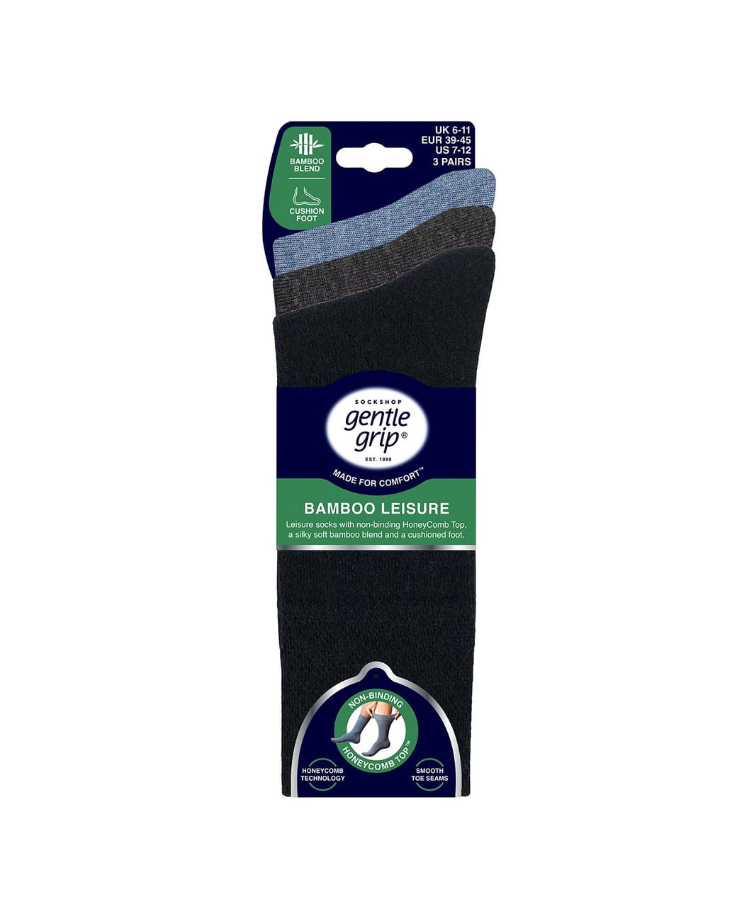 Gentle Grip Blue 3 Pack Bamboo Socks Soft Breathable Cushioned Crew for men