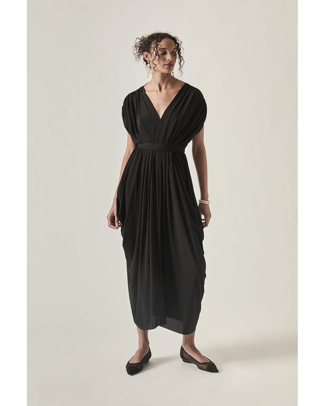 James Lakeland Black Open-Back Draped Midi Dress –